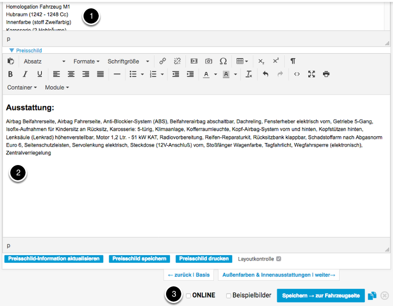 Ausstattungstexte kürzen, Preisschild anpassen
