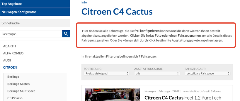 Hinweistexte über Fahrzeuglisten