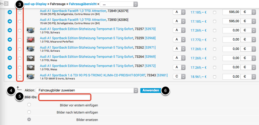 Aktion auf der Fahrzeugübersicht