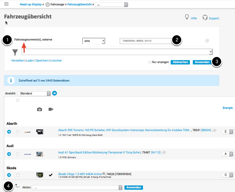 Fahrzeuge filtern und gemeinsam nachbearbeiten