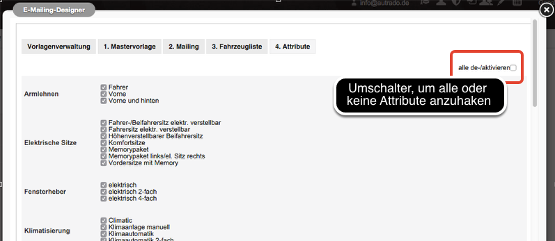 Fahrzeugattribute festlegen, die in dem Mailing verwendet werden sollen