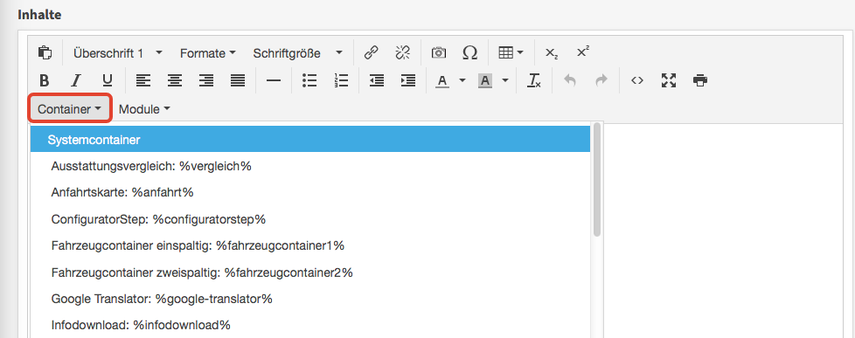 Container im Inhalte-Editor einfügen