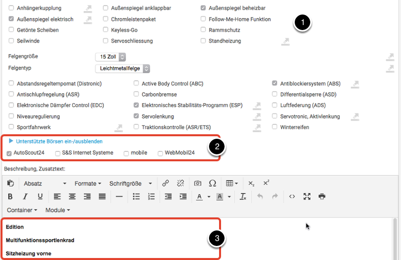 Welche Fahrzeugeigenschaften werden an die Autobörsen übergeben?