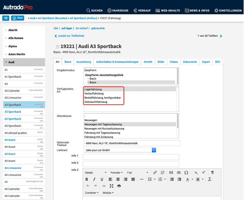 Bezeichnungen der Fahrzeugarten bei der Fahrzeugeingabe