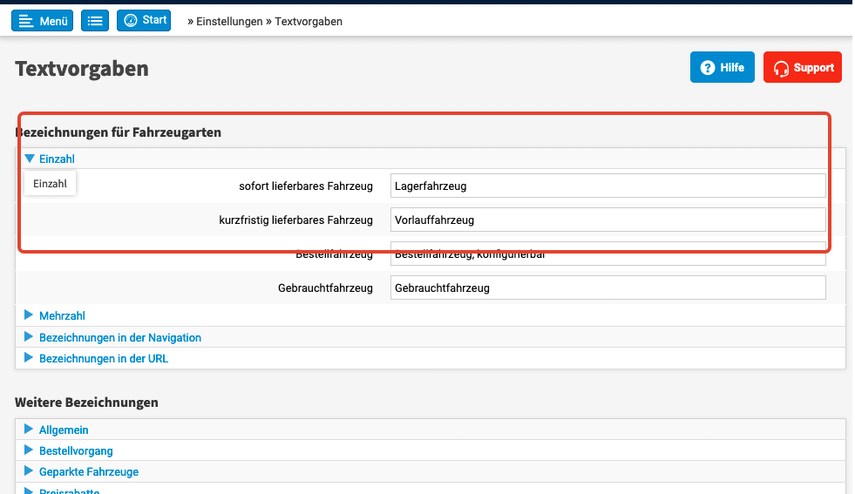 Textvorgaben bearbeiten: Klapplinks öffnen