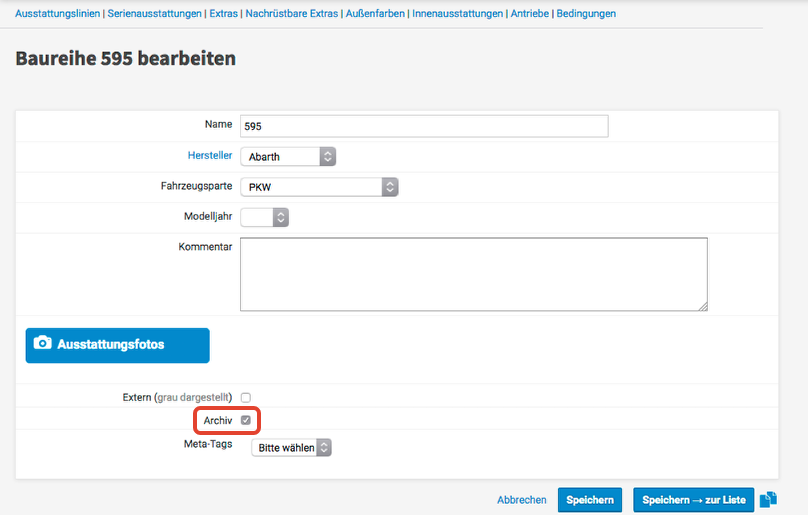 Archiv-Feld in der Baureihenbearbeitung