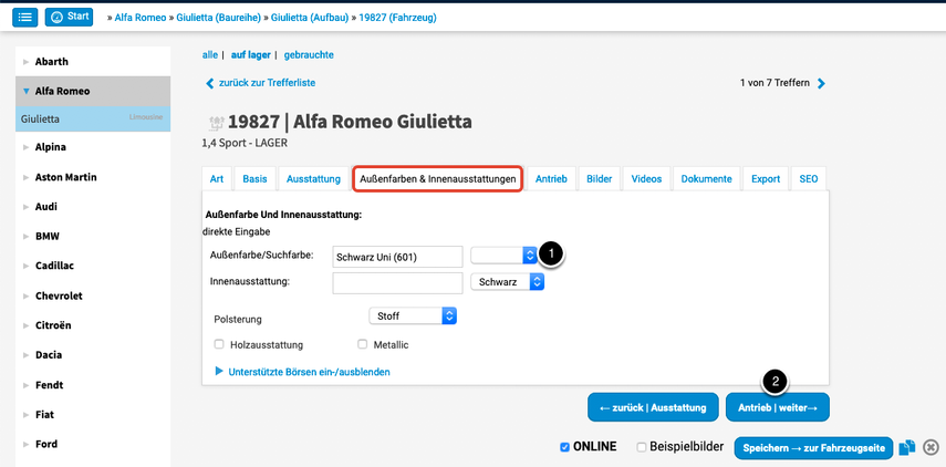 Das Register Außenfarben &amp; Innenausstattungen