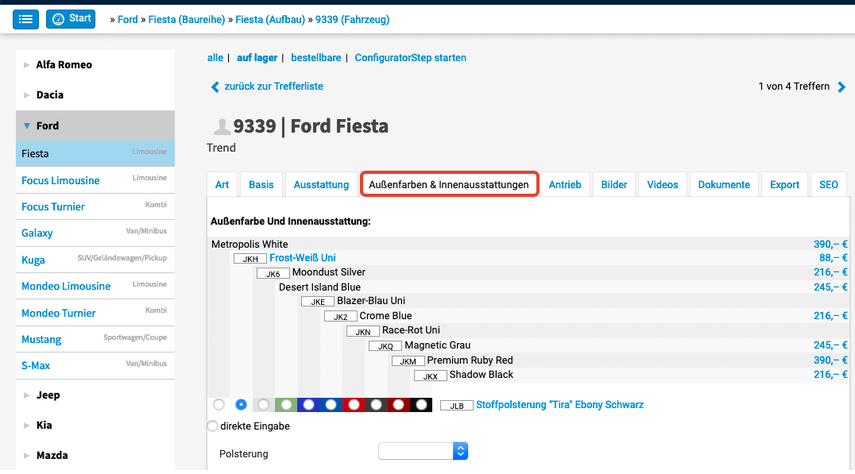 Register Außenfarben &amp; Innenausstattungen