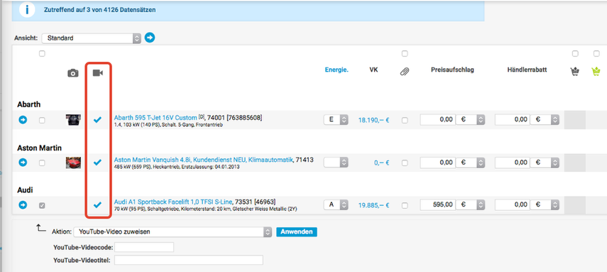Videos mehreren Fahrzeugen auf einmal auf der Fahrzeugübersicht zuweisen