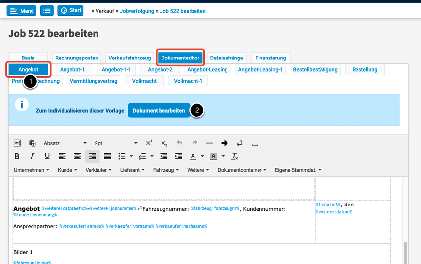 Register Dokumenteditor (jobindividuelle Texte)