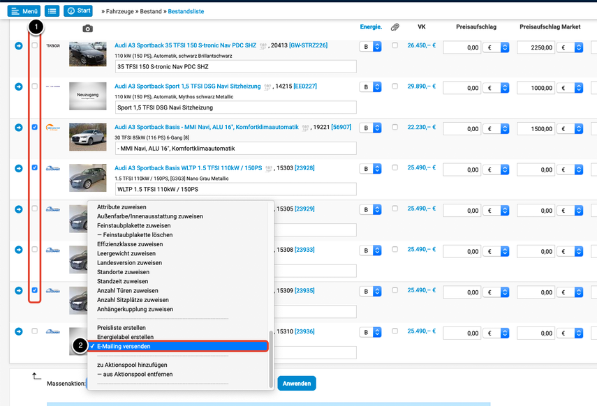 B) E-Mailings versenden - mit Verlinkungen auf Fahrzeuge