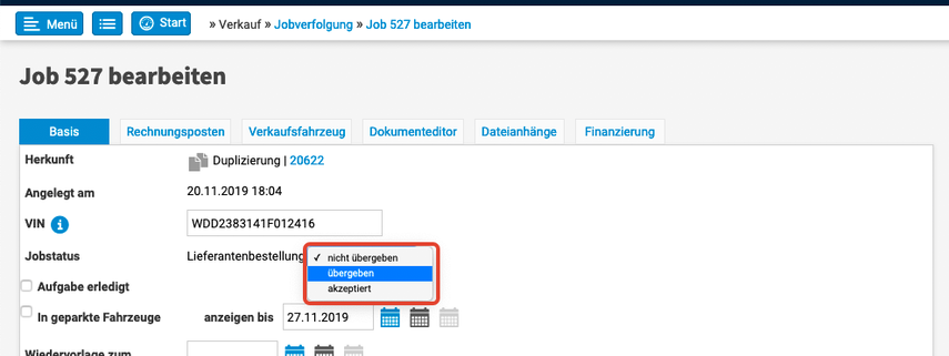 Lieferantenbestellung übergeben