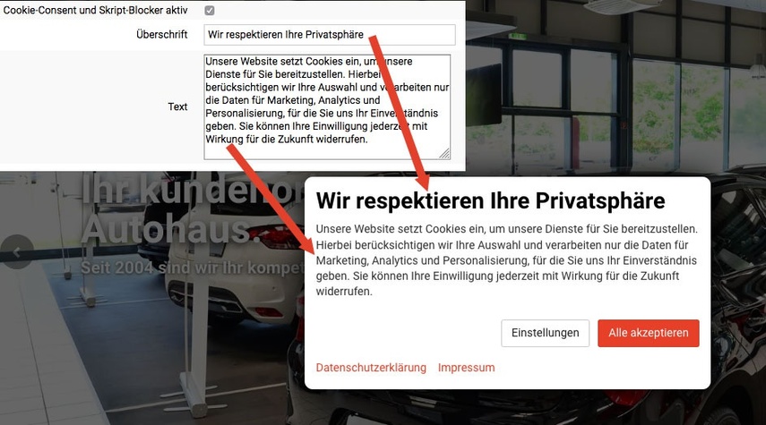 Cookie-Hinweis in Endkundenansicht