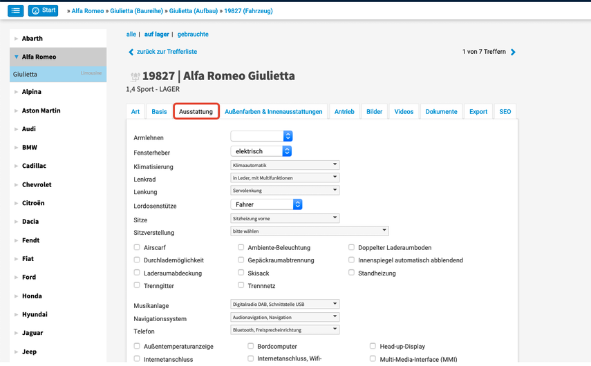 Das Register Ausstattung