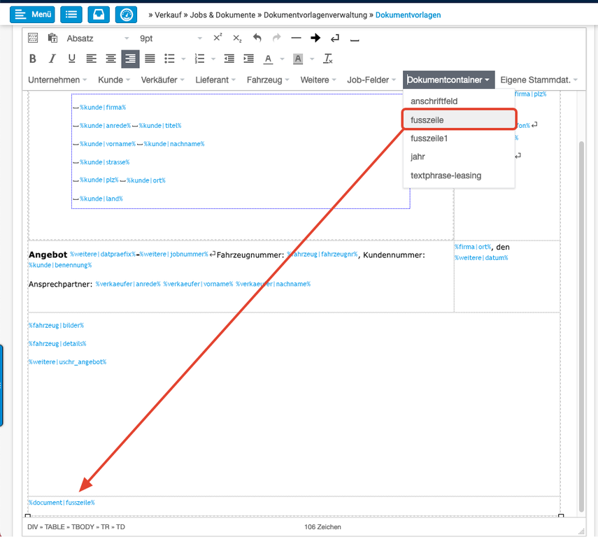 Dokumentcontainer in Dokumentvorlagen