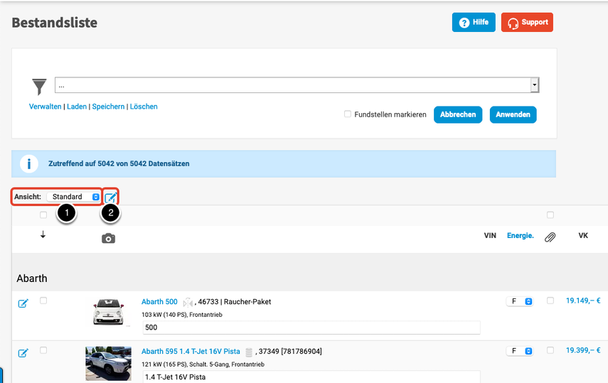 Ansichten auf der Fahrzeugübersicht
