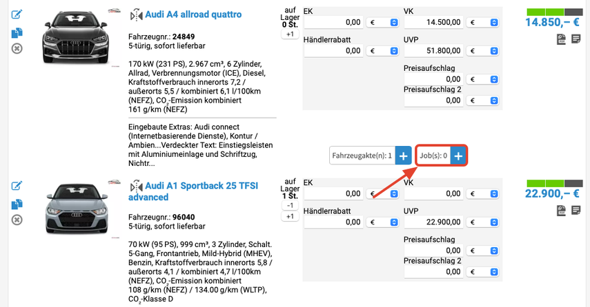 Job erstellen, um Fahrzeug anzubieten